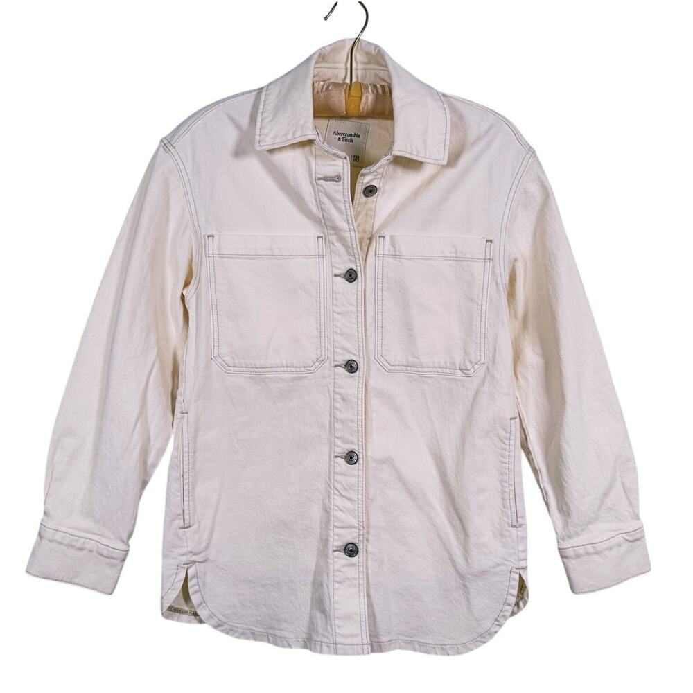 NWT Abercrombie Womens Denim Utility Shirt Jacket XXS Cream Minimal Scandi Fall